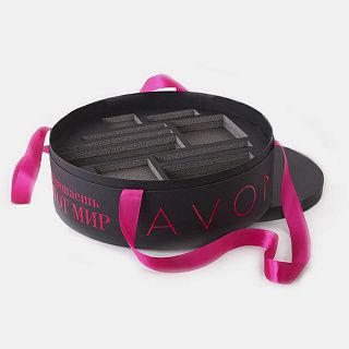 Круглая шляпная коробка с лентами и ложементом для компании Avon